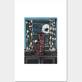 Christmas Linoprint Cat sitting on a windowsill watching Santa fly through the night on his sleigh full of gifts Posters and Art